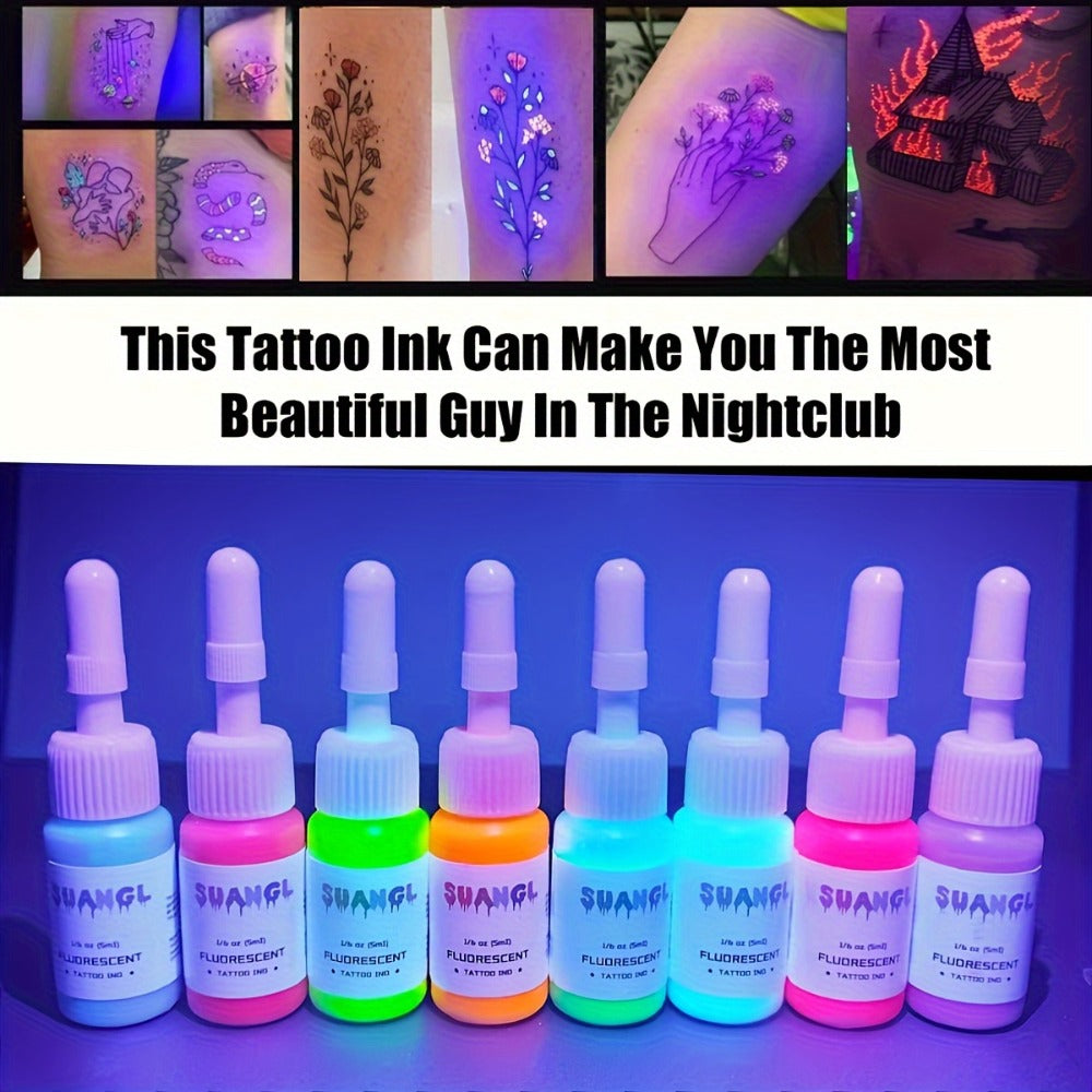 Tattoo Ink UV Fluorescent Set with 5ml Bottles in 5-, 8-, 11- or 15-Color Bottle Options with Item-Specific Color, Capacity a