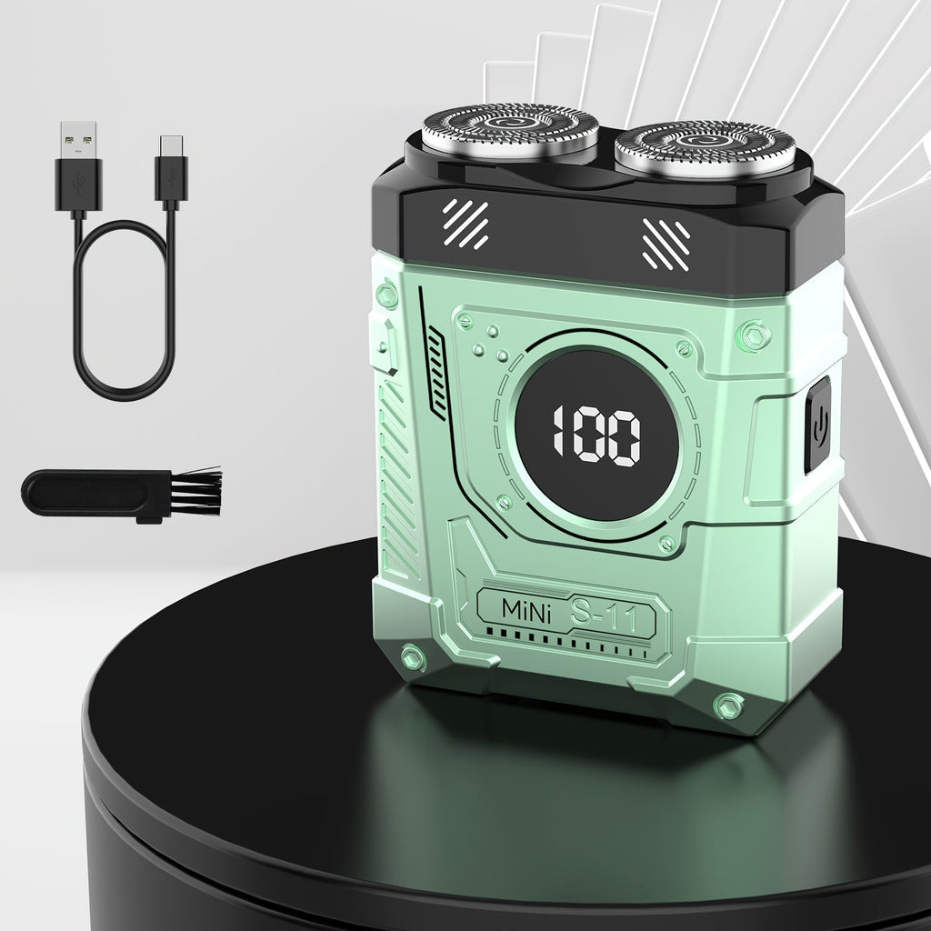 Compact Mecha-Green Dual-Rotary Electric Shaver with Front Battery Display and USB Cable Pictured — image 1
