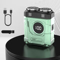 Compact Mecha-Green Dual-Rotary Electric Shaver with Front Battery Display and USB Cable Pictured — image 1