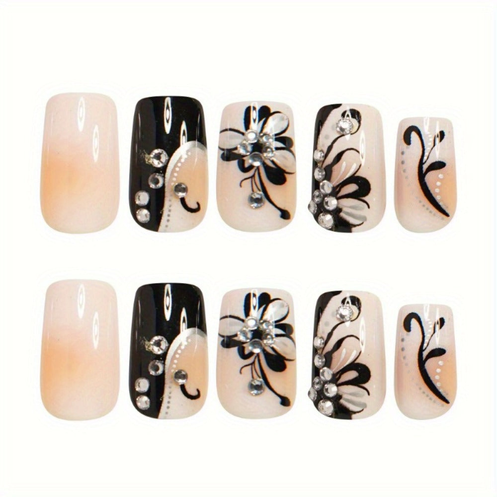 Press On Nails 48-Piece Medium Square Black and White Matte French Tip Butterfly Full-Cover Set — image 6