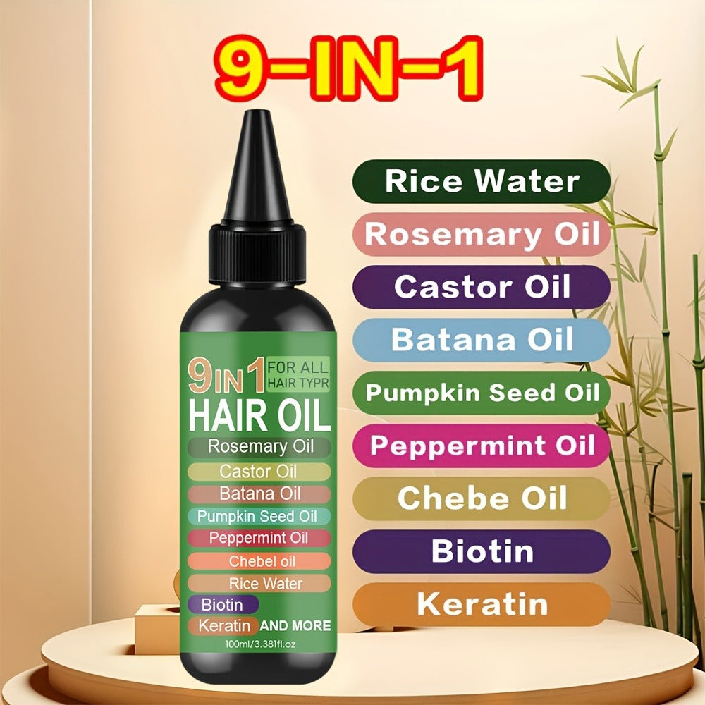 Rosemary 9-in-1 Hair and Scalp Oil, 100ml Nozzle Bottle with Rice Water, Batana, Castor and Biotin Labels — image 1
