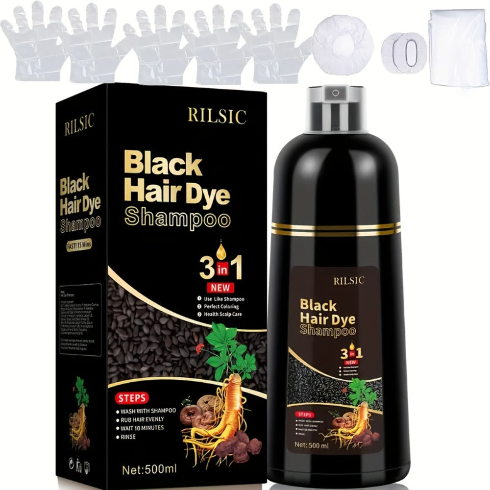Hair Dye Shampoo, RILSIC 500ml Black 3-in-1 Single Bottle with Pump Dispenser for At-Home Color Application — image 11