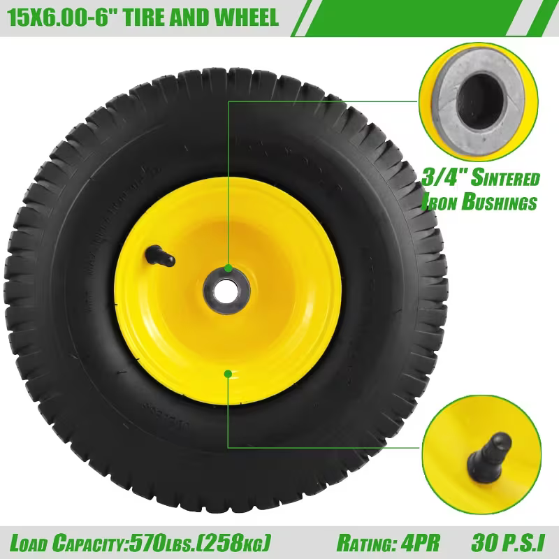 15x6.00-6 Tubeless Lawn Mower Front Tire Assembly