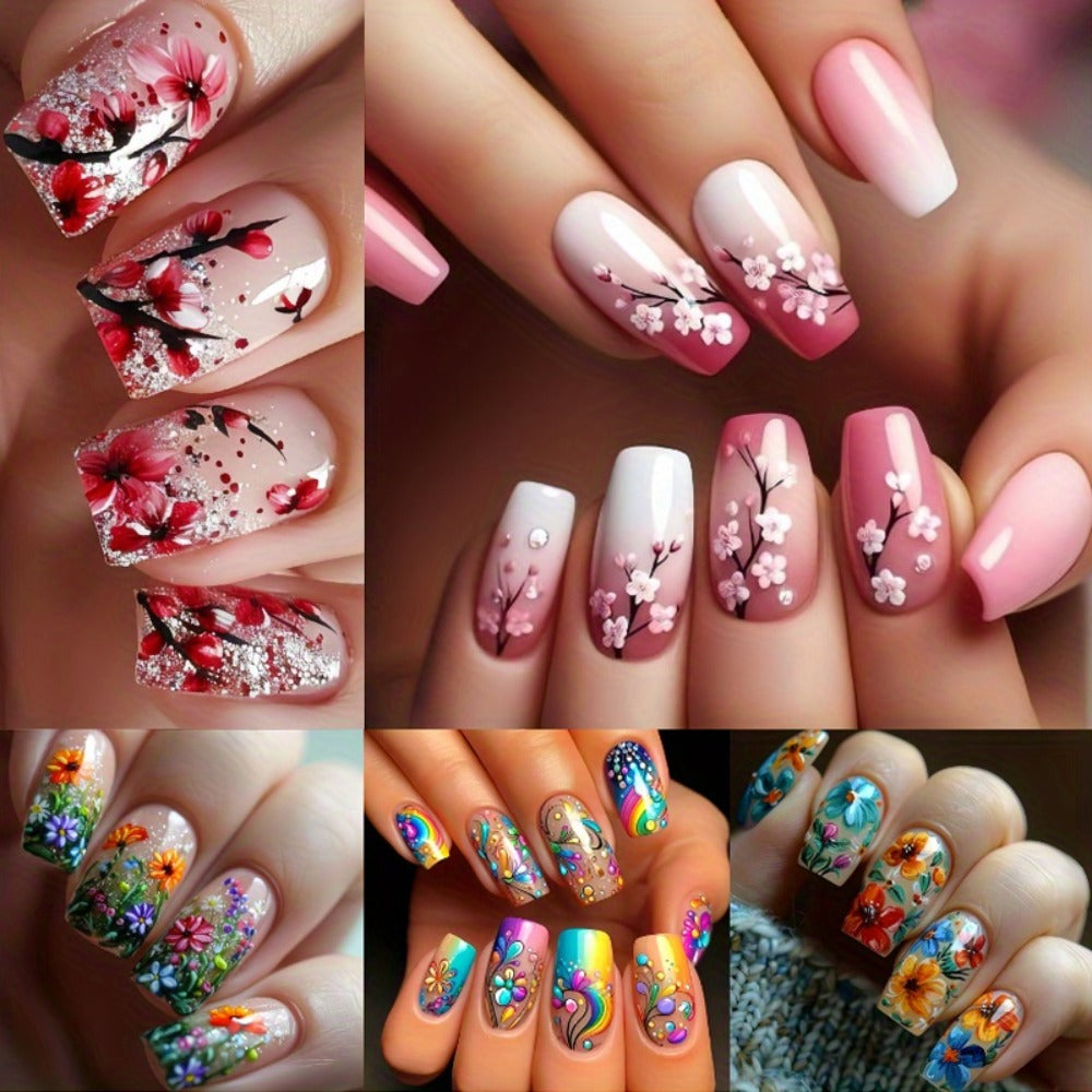 Press On Nails 120-Piece Medium Square Set with Glossy Floral and Striped Designs in Five Packs — image 11