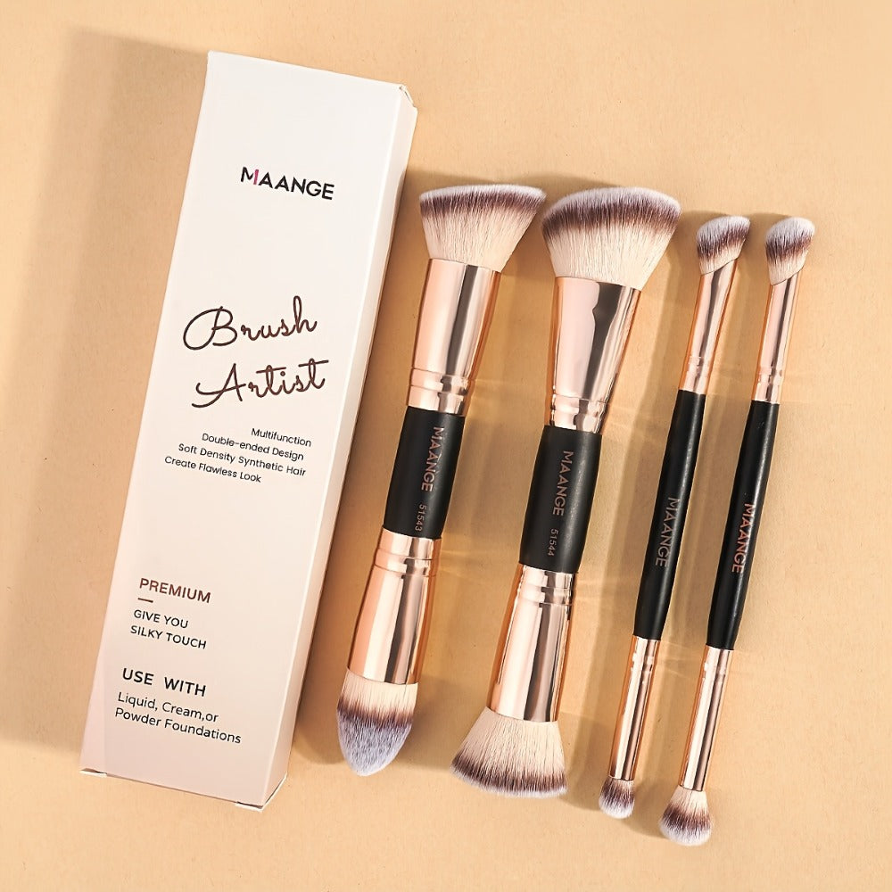 Makeup Brush Set, 4-Piece Double-Ended Travel Collection with Eight Brush Heads in Black-Beige or Black-Gold — image 4