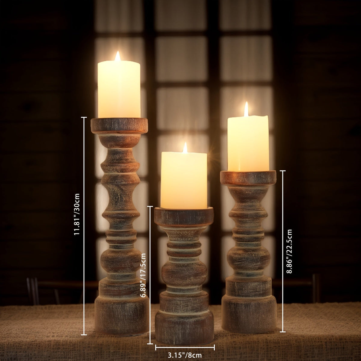 Candle Holder Set of 3 Graduated Brown Wood Pillar Stands with Turned Farmhouse Profiles for Tabletop Displays — image 3
