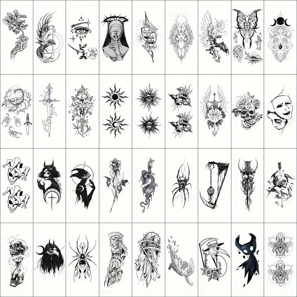 Temporary Tattoos GLARYYEARS 48-Piece Black Skull, Snake and Dark Art Set with 12 Large and 36 Small Sheets — image 7