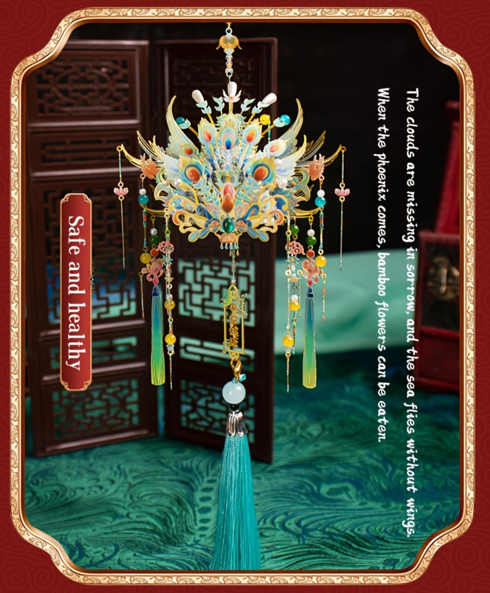 3D Metal Puzzle Phoenix Crown Qingluan – Blue & Gold DIY Assembly with Beads & Tassels, Chinese Mythology Art Collectible — i