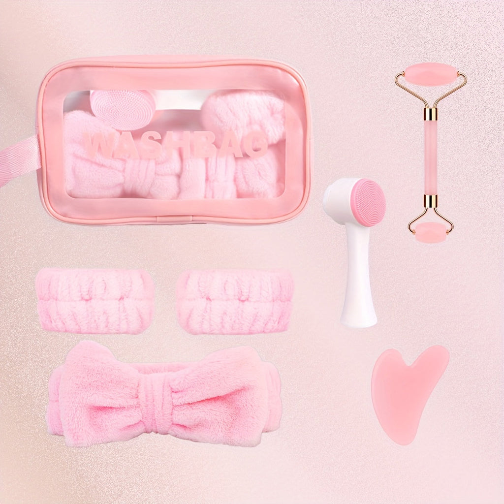 Facial Cleansing Massage Set 7Pcs Silicone Face Brush Double-Headed Roller Massager Heart Scraping Board Wristbands Hair Band