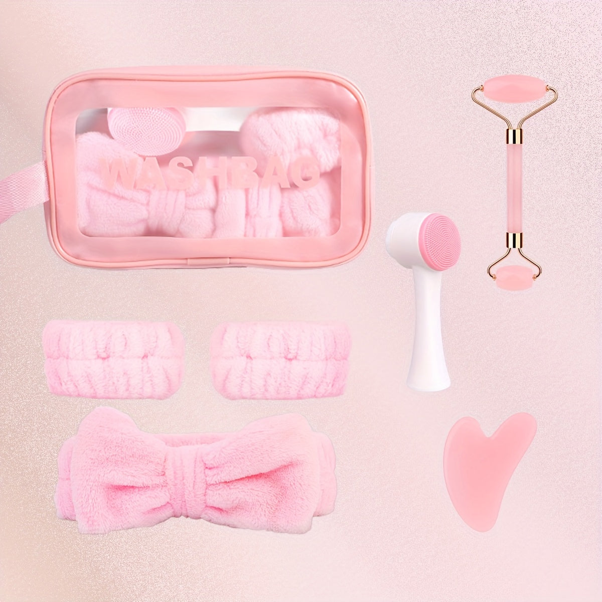 Facial Cleansing Massage Set 7Pcs Silicone Face Brush Double-Headed Roller Massager Heart Scraping Board Wristbands Hair Band
