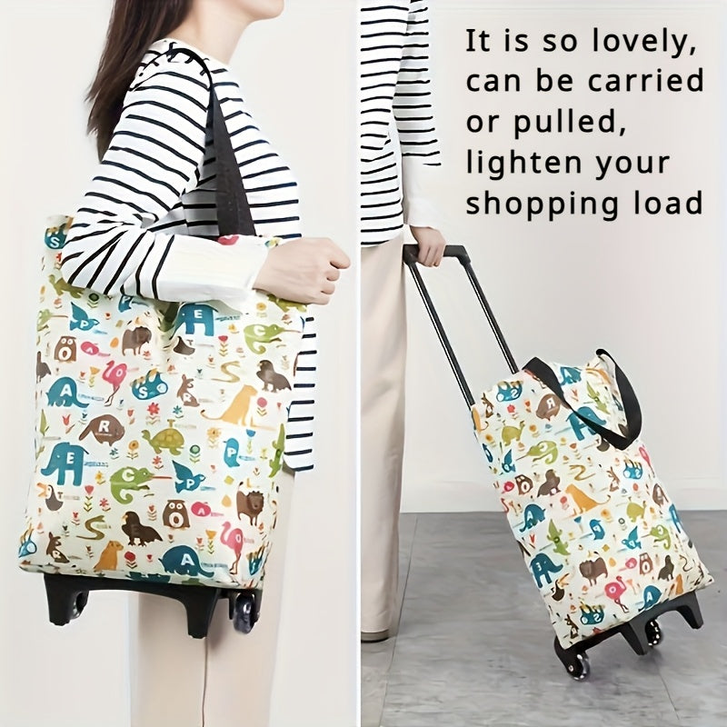Folding Shopping Cart 2-in-1 Oxford Large Capacity Portable Tote Bag Reusable Grocery Bag on Wheels for Camping Business Deli