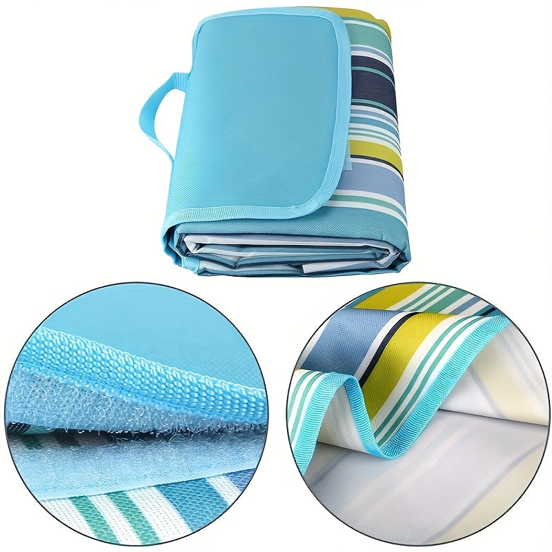 80 x 60-Inch Picnic Blanket in Blue and Green Striped 600D Oxford Fabric with Folding Carry Handle — image 4