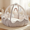 Convertible Round Pet Play Mat and Bed with Raised Sides, Removable Arches and Six Hanging Toys — image 3