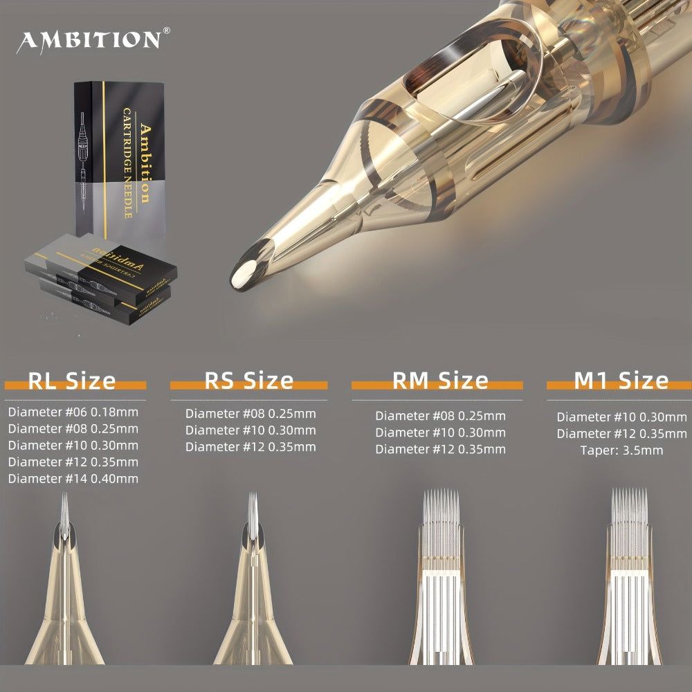 Ambition Tattoo Cartridge Needles 20pcs Professional RL RS RM Sizes with Safety Membrane for Temporary Body Art, Festivals an