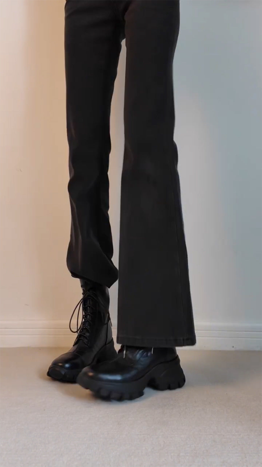 New Stylish Versatile Black Thick-soled Back Zipper Lace-up Motorcycle Boots