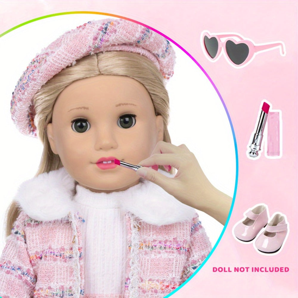 18 Inch Doll Knitted Clothes Outfit Set with Hat Jacket Skirt Shoes Socks Sunglasses Lipstick — image 4