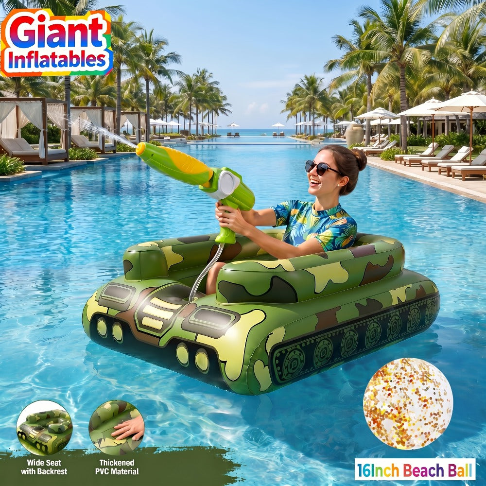 Ride-On Inflatable Pool Floats in Yellow Duck or 60-Inch Green Tank Styles with 16-Inch Beach Ball — image 1
