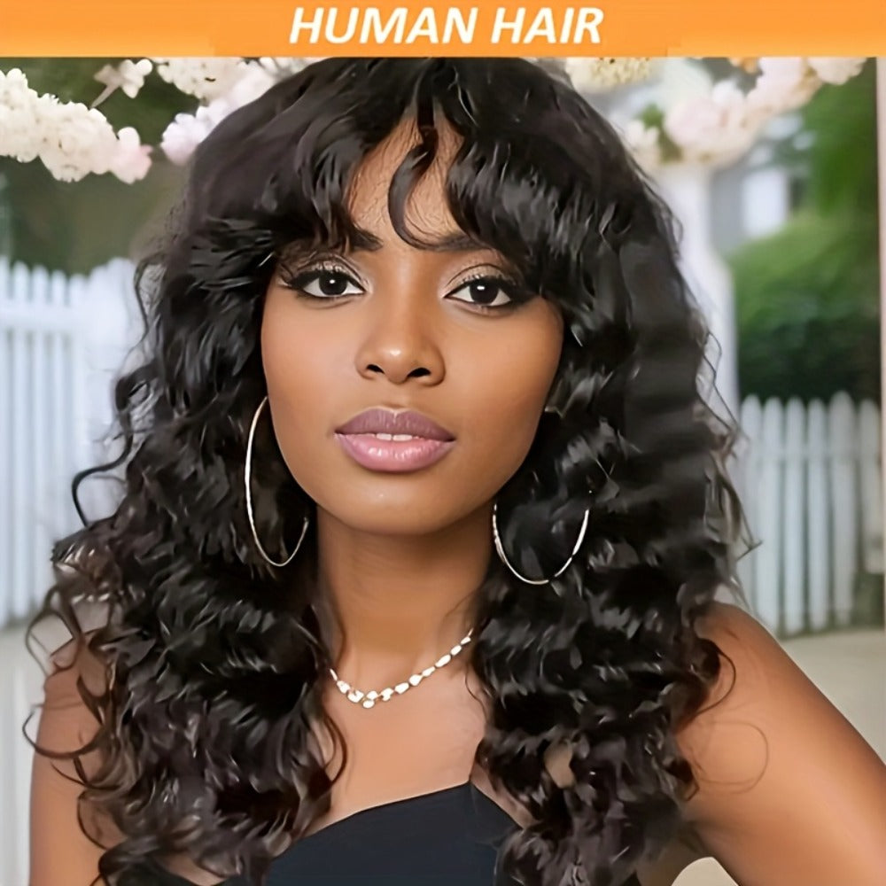 Remy Human Hair Water Wave Wig with Bangs Glueless Full Machine Made Rose Net Cap, for Home, Travel and Salon Hair Styling — 