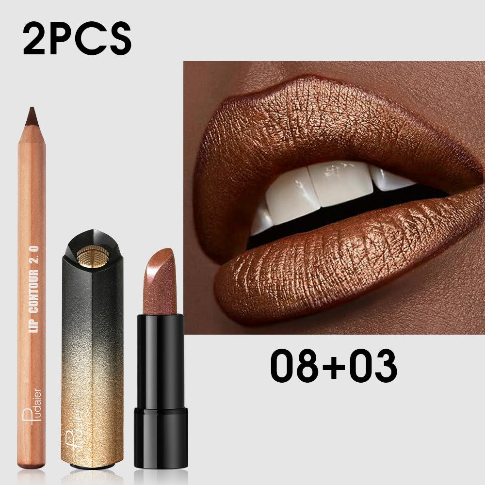 Golden Lipstick Set with Lip Liner Pencil 2 Piece, Brown Shimmer Lipstick and Nude Lip Liner — image 3