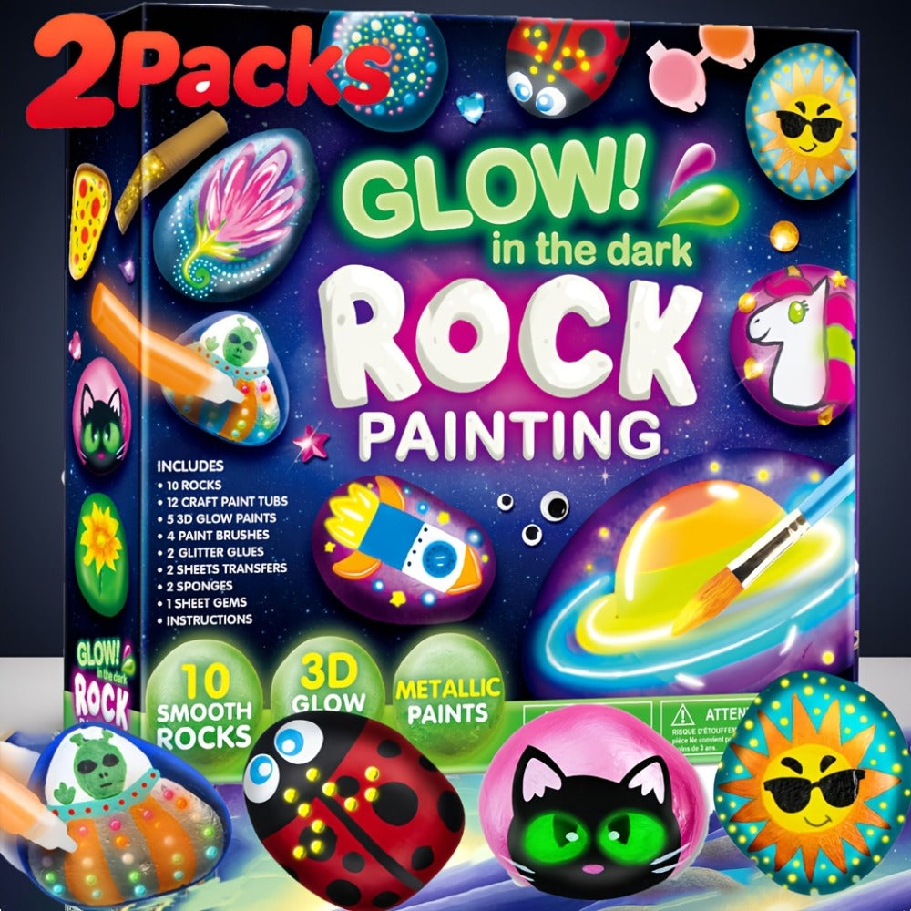 Glow Rock Painting Craft Kit with 10 Rocks, Paints, Brushes, Gems and Stickers in One- or Two-Pack Options — image 1