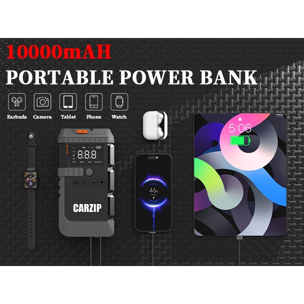 Jump Starter Power Bank 10000A 4-in-1 with 150 PSI Air Compressor LED Emergency Light USB Charging for Garden, Patio and Yard