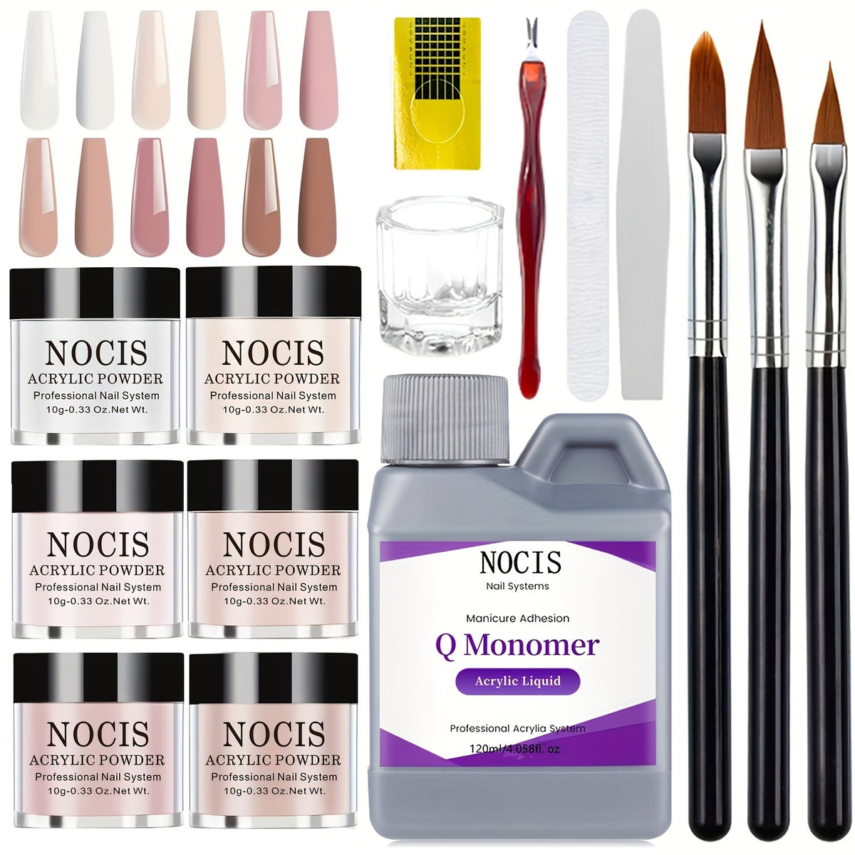 Six-Color Acrylic Nail Powder Set with Monomer Bottle and Application Tool Assortment in Three Set Codes — image 10