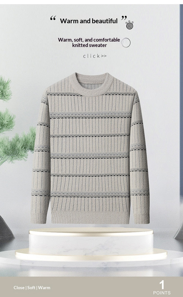 Mens Knitted Fleece-lined Thick Crew-neck Faux Mink Sweater