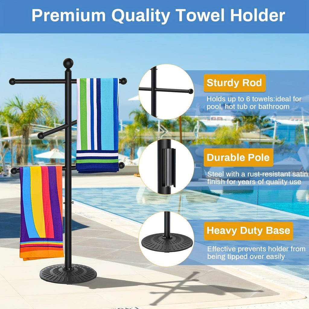Pool Towel Rack Freestanding Outdoor – 3-Bar Iron Towel Stand with Hooks, Windproof Wide Base, No Sand Needed — image 5
