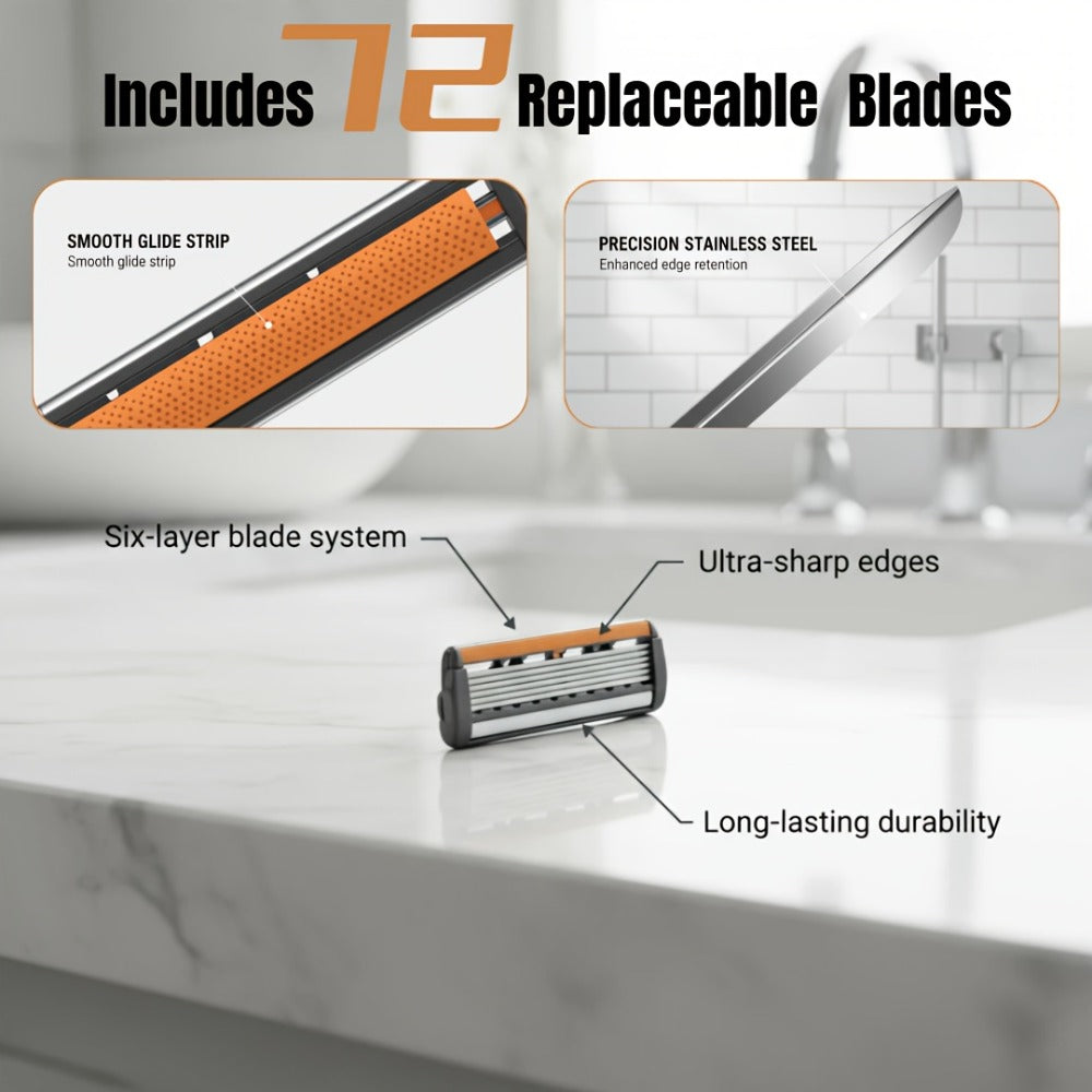 Luxury Men's Razor Set 6-Layer Blades – 2 Ergonomic Anti-Slip Handles & 72 Replaceable Blades, Precision Manual Shaving Kit —
