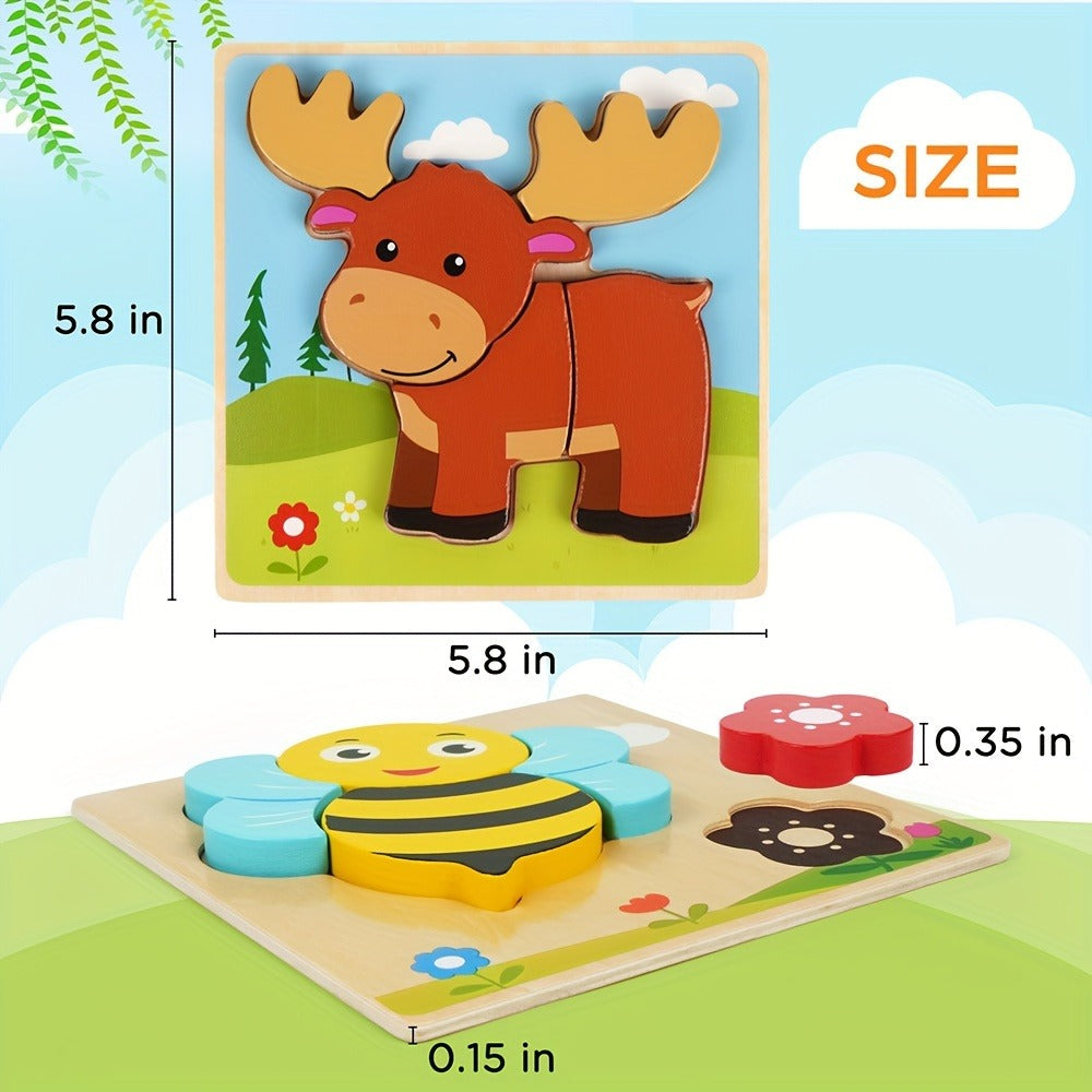 Baby Animal Wooden Puzzles for Toddlers 8 Pack, Infant Learning Toy 12 Months+, Bear Bunny Owl Frog Bee Duck Moose Raccoon — 