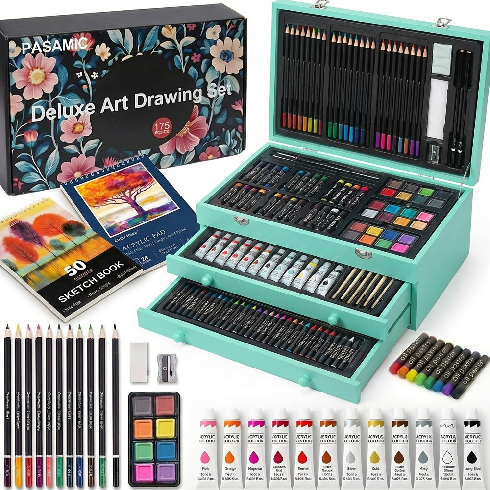 172 Piece Deluxe Art Set in Wooden Case with 2 Drawing Pads Crayons Acrylic with the Listed Color, Size or Set Options for Ev