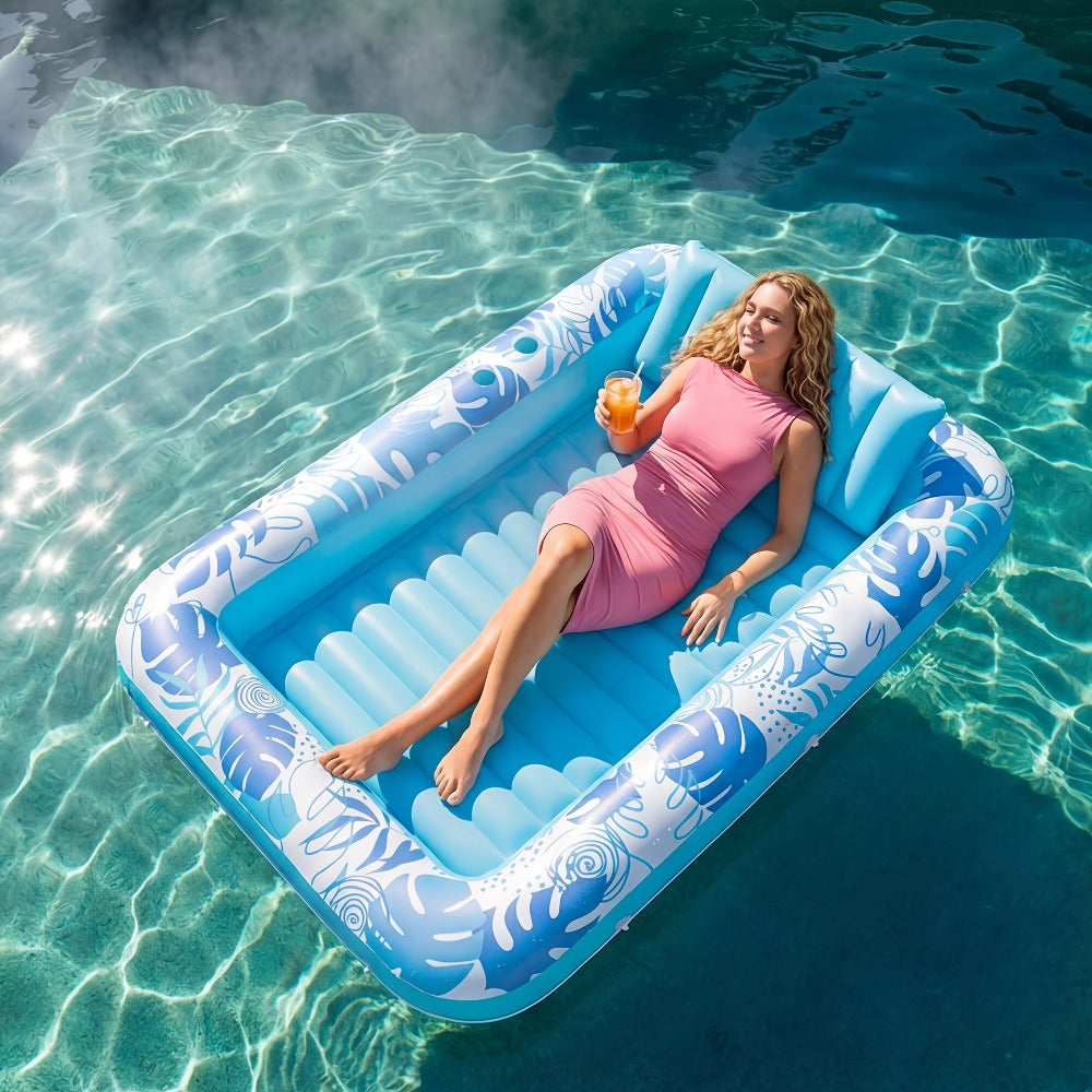 70 x 46-Inch Inflatable Pool Float Tanning Bed in Blue with Open Center, Ribbed Base and Raised Pillow — image 5