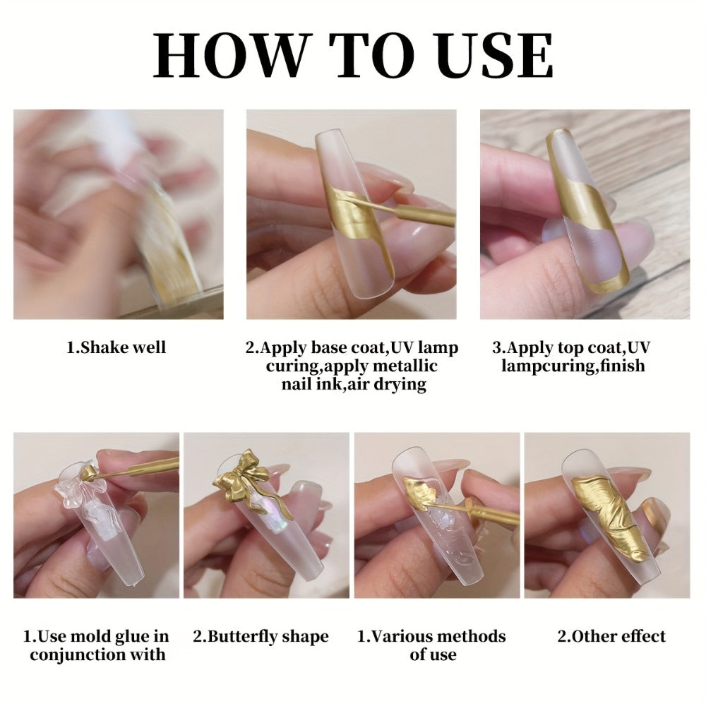 Metallic Smudge Nail Art Gel Four-Bottle Set in Gold, Silver and Rose Tones with Narrow Cap Brushes — image 9