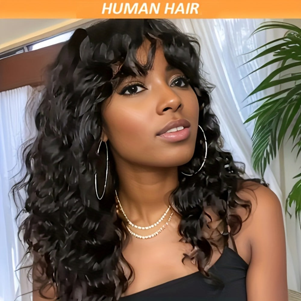 Remy Human Hair Water Wave Wig with Bangs Glueless Full Machine Made Rose Net Cap, for Home, Travel and Salon Hair Styling — 