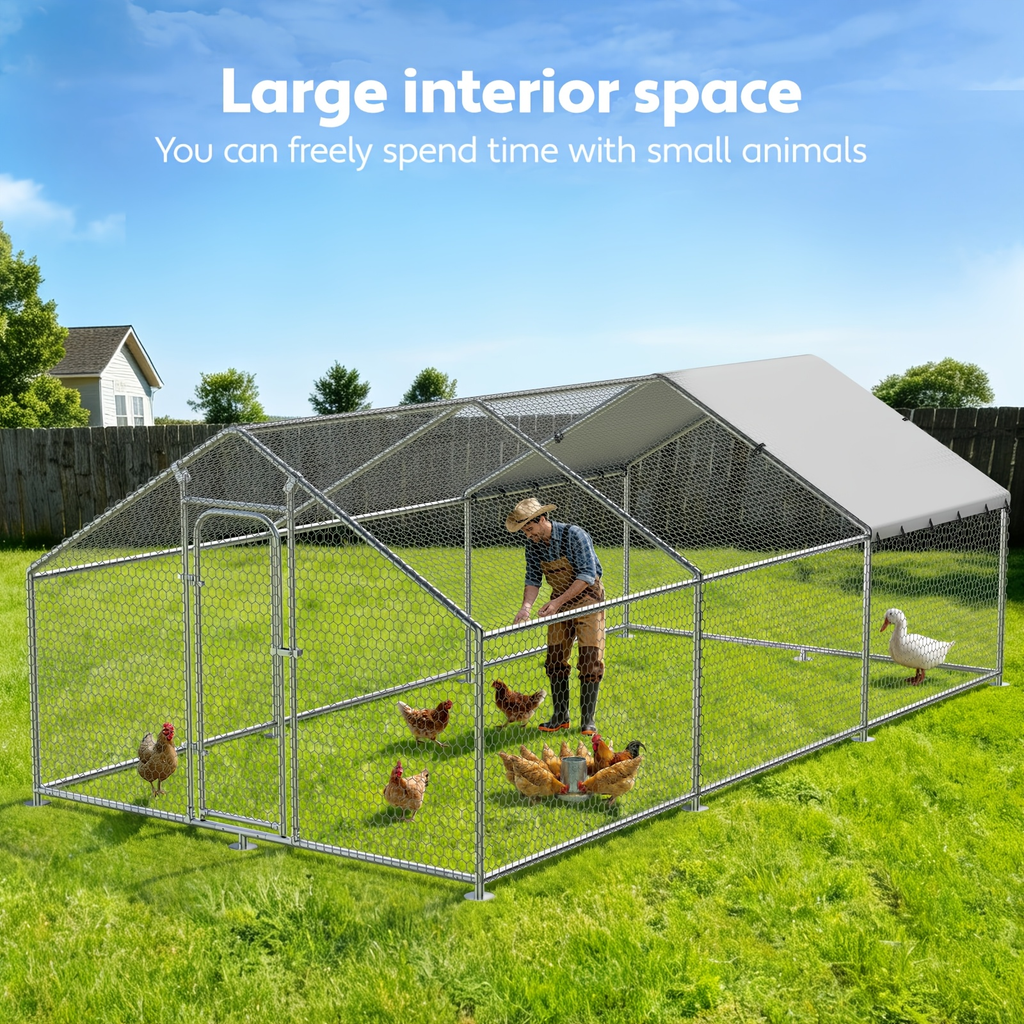 Dog Kennel Outdoor Large Metal Walk-in Chicken Run Pen Poultry Cage with Anti-UV Cover Movable Rack for Garden, Patio and Yar