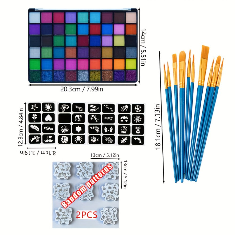 54 Color Face & Body Paint Kit with UV Fluorescent, Matte & Glitter Shades, Pattern Templates, Brushes & — image 6