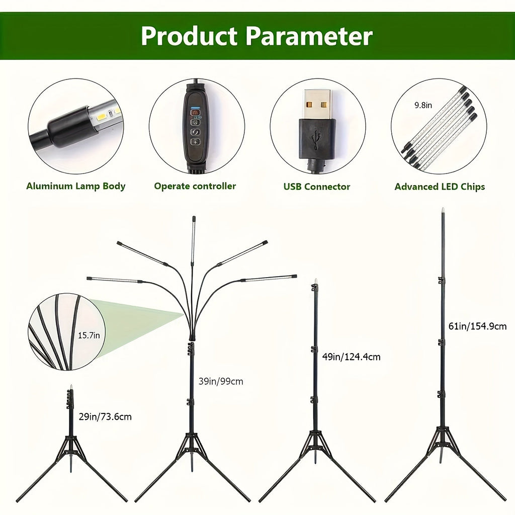 USB Tripod LED Plant Lamp with 4, 5 or 6 Flexible Heads and Adjustable 29-61in Floor Stand — image 4