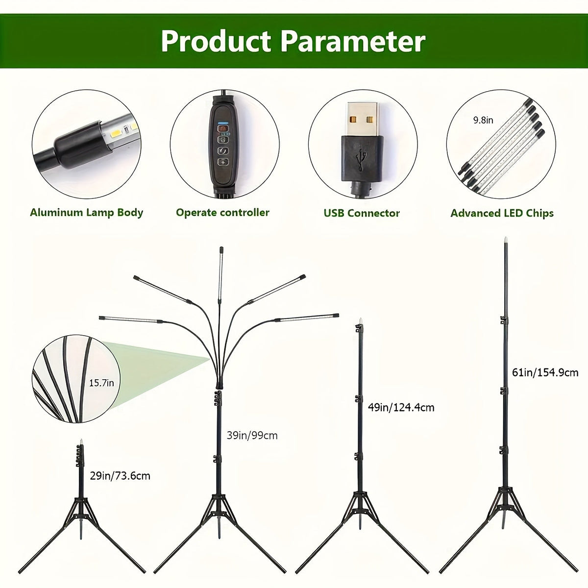 USB Tripod LED Plant Lamp with 4, 5 or 6 Flexible Heads and Adjustable 29-61in Floor Stand — image 4