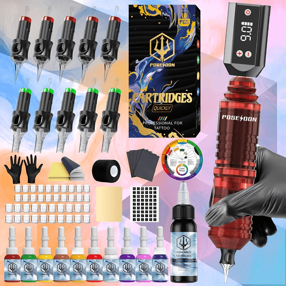 Wireless Tattoo Pen Kit Cordless Tattoo Gun with Power Supply 10 Cartridge Needles 6 Color Inks LCD Screen — image 6