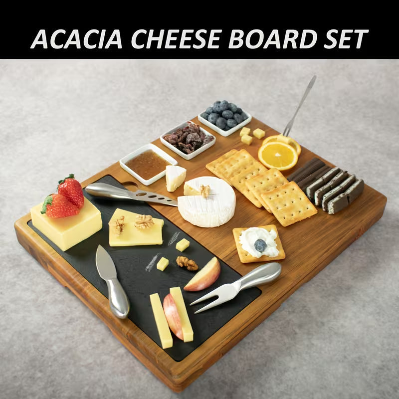 Acacia Wood Cheese Board Set with Integrated Storage Drawer