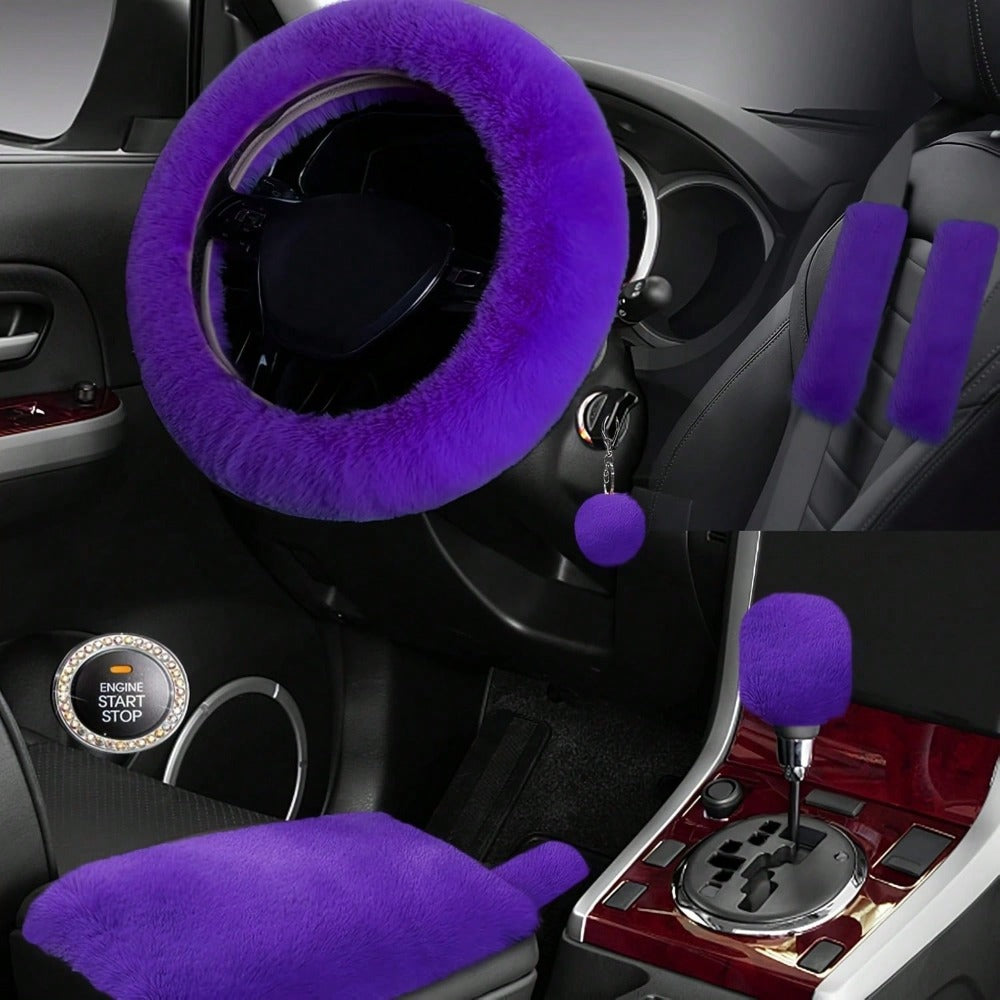 Plush Fluffy Steering Wheel Cover – Rex Rabbit Fur Texture, Universal Fit, 12 Colors (Black, Pink, Purple, Red & More) — imag