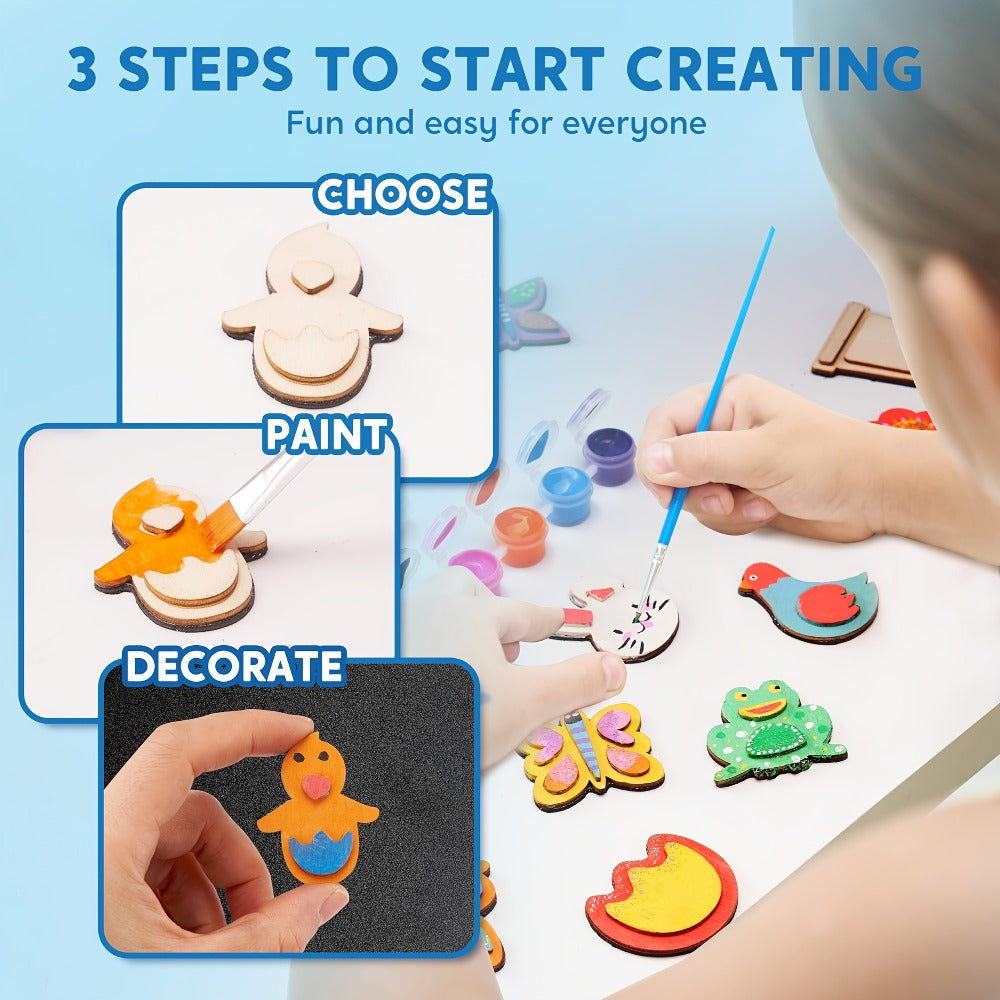 Wooden Magnet Painting Craft Kit, 12-Piece Nature Shape Set with Six Paint Tubs, Brushes and Glitter Pen — image 5