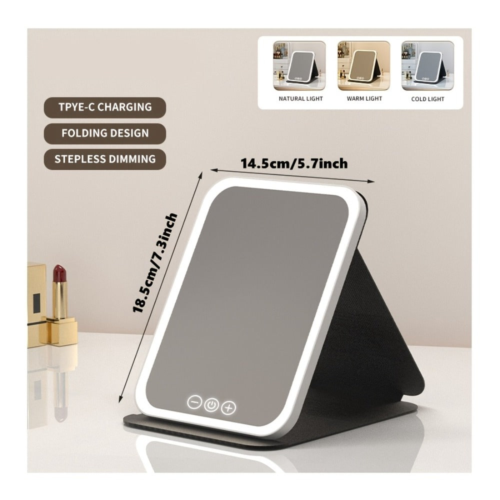 Makeup Mirror Foldable LED Travel Stand with Three Light Colors, Touch Dimming, USB Charging and Pink or White Options — imag