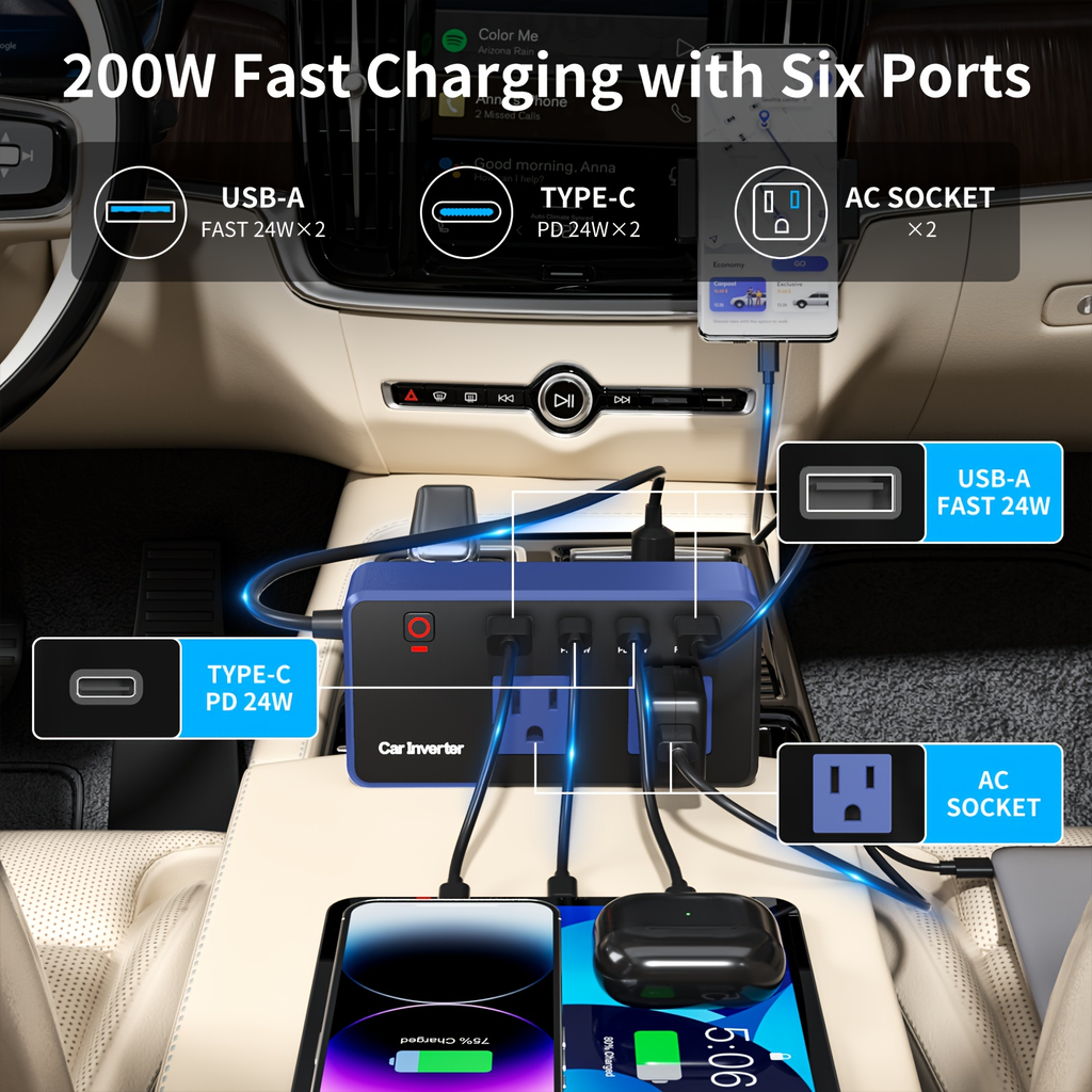 Car Inverter Charger 200W DC 12V to AC 110V with PD 24W USB-C QC 24W Quick Charge Car Plug Adapter US Socket for Vehicle Offi