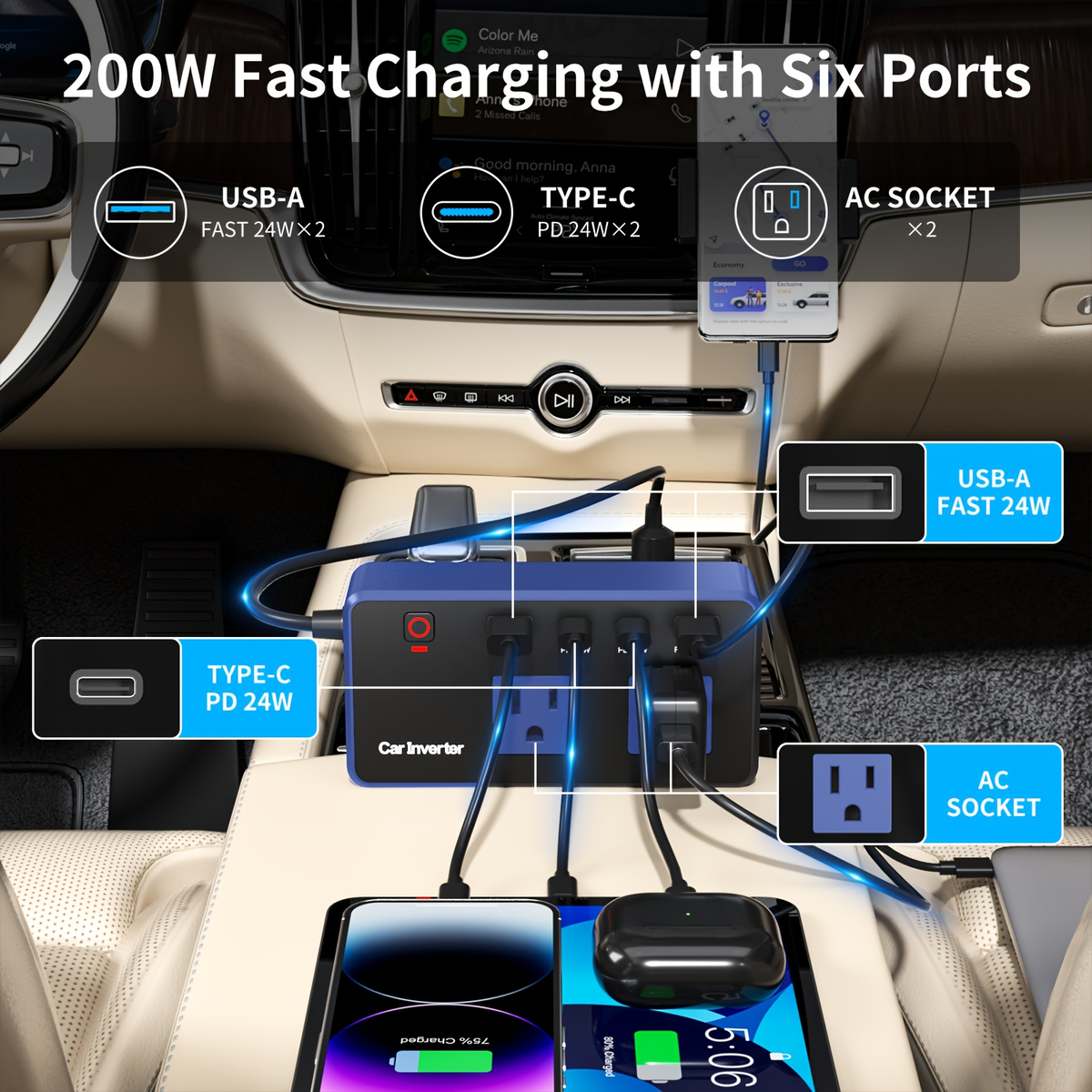 Car Inverter Charger 200W DC 12V to AC 110V with PD 24W USB-C QC 24W Quick Charge Car Plug Adapter US Socket for Vehicle Offi