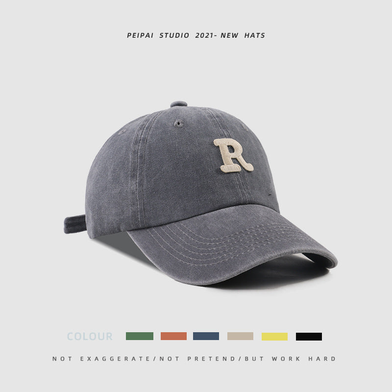 Washed Letter R Stick Ball Cap Casual Patch Sun Hat