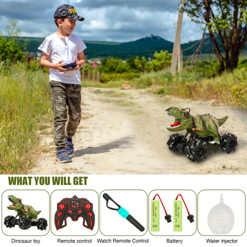 RC Monster Truck Dinosaur 2.4GHz 4WD Off-Road Remote Control Car with LED Lights Music Large Tires All-Terrain Stunt Vehicle 