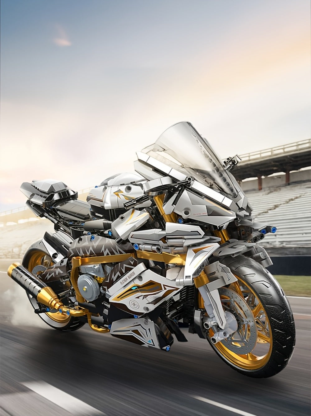 Motorcycle Building Blocks Model Kit 1:5 Scale 2000+ Pieces, Platinum Gold & White Collectible Brick Motorbike Display Set — 