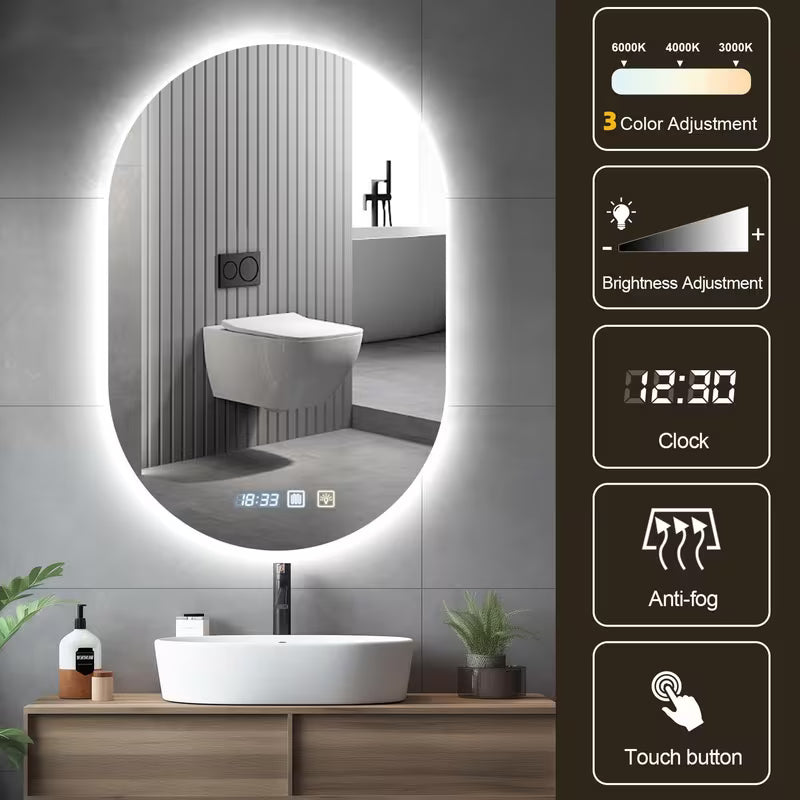 30x20 in LED Bathroom Mirror with Anti-Fog and Lights