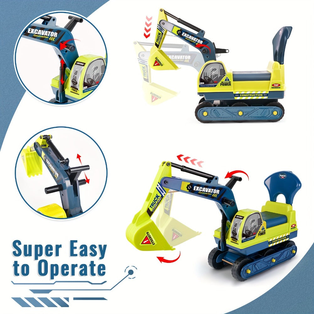 Kids Ride On Excavator Toy Large Beach Sand Digger with Working Scoop Arm, Outdoor Engineering Construction Toy for Toddlers 